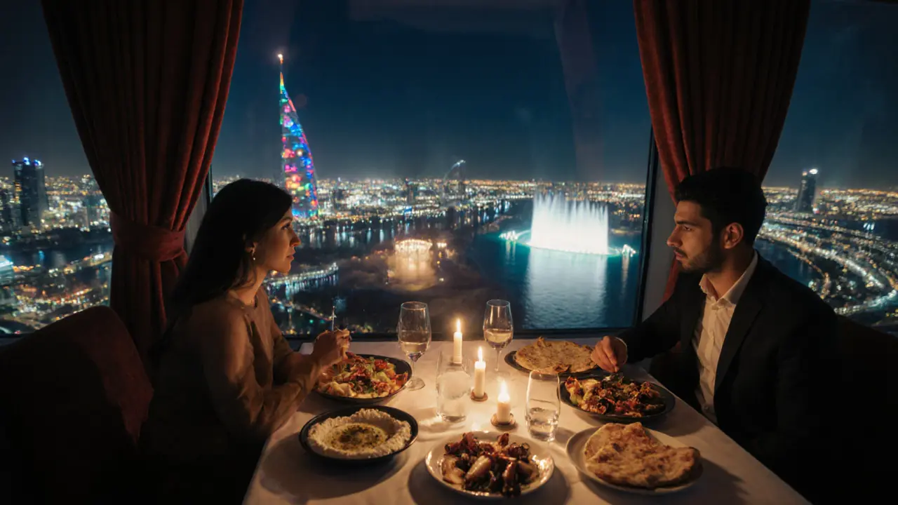A romantic dinner at a revolving restaurant with the Dubai Fountain lighting up in the background.