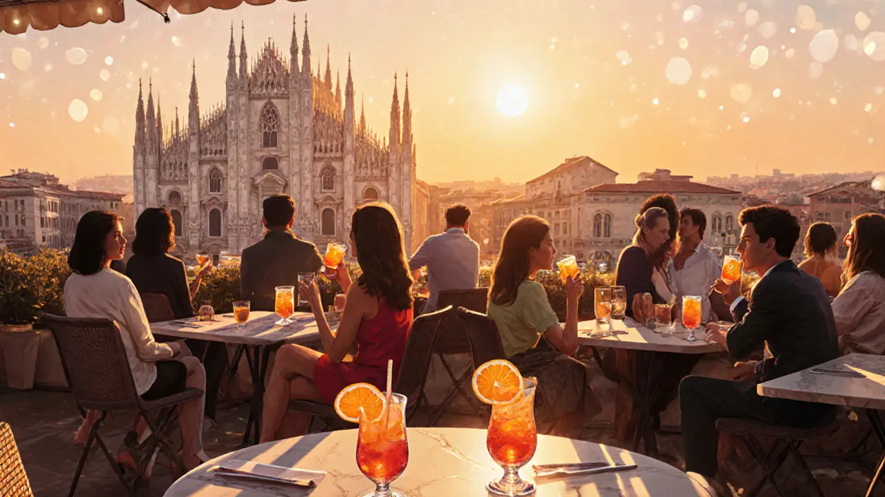 A rooftop terrace at sunset with people sipping Aperol spritzes as Milan’s Duomo glows in the golden light.