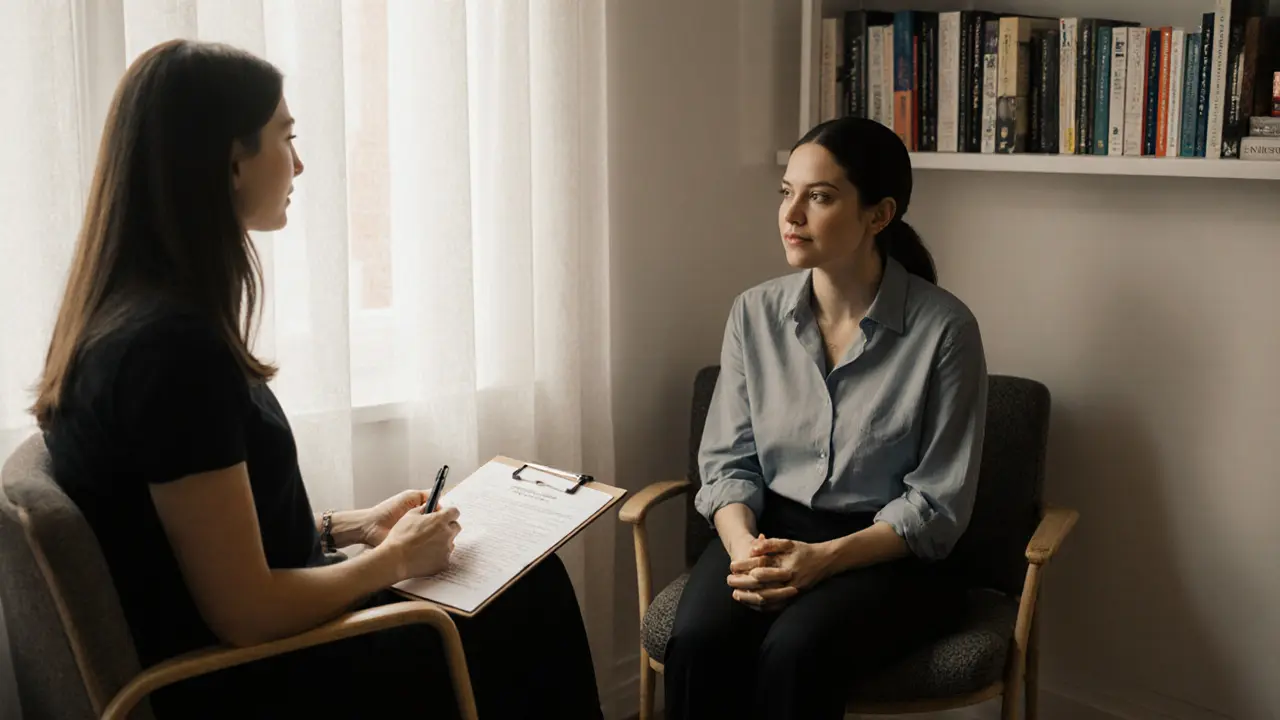 A therapist and client in a quiet consultation room, discussing boundaries with a consent form on the table, natural light streaming in.