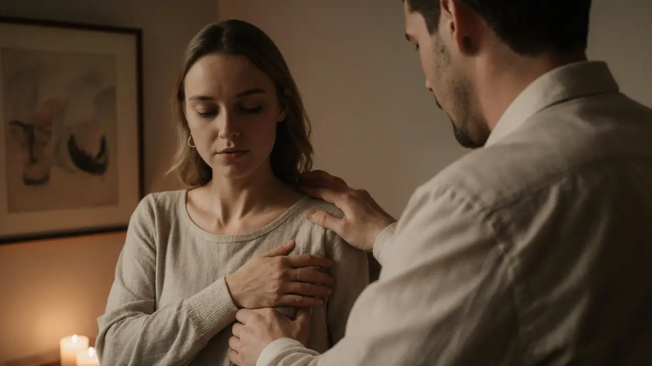 A therapist gently guides a couple through mindful touch during a couples' sex massage session.
