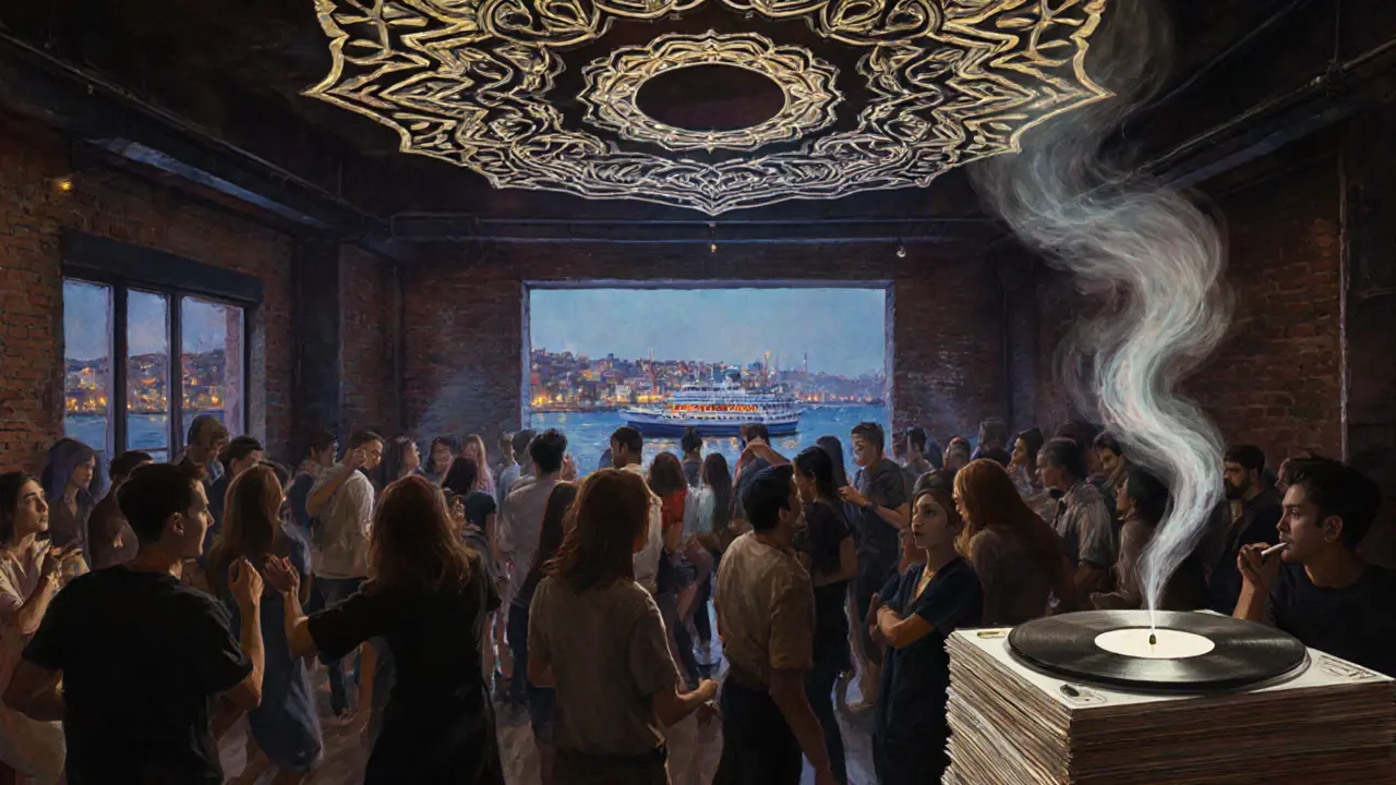 A vibrant underground club in Karaköy with Ottoman projections and a diverse crowd dancing under strobe lights.