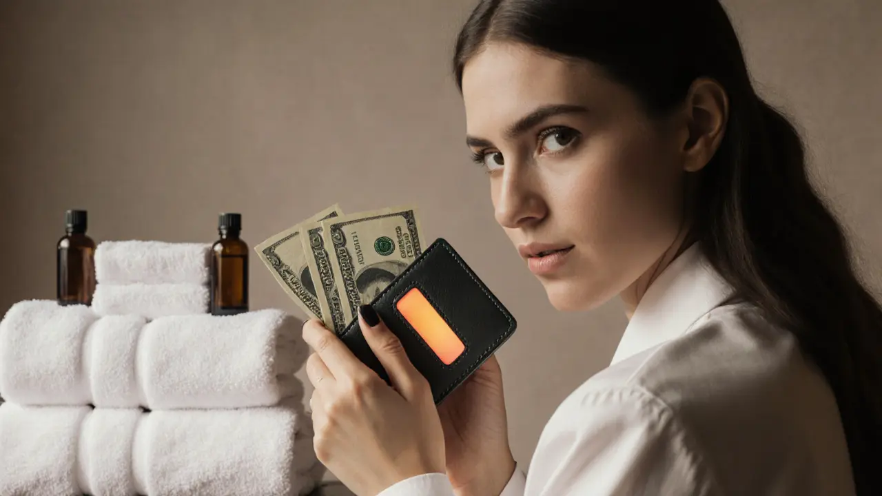 A woman's hands holding cash and a crypto wallet near a spa reception desk, conveying tension and secrecy.
