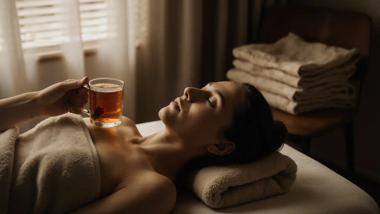A woman after a sensual massage, tearful and at peace, holding tea in soft morning light, wrapped in a towel.