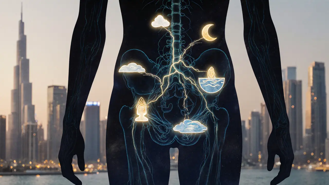 An artistic depiction of healing neurotransmitters glowing along the body’s pelvic and spinal pathways, set against a blurred Dubai cityscape.