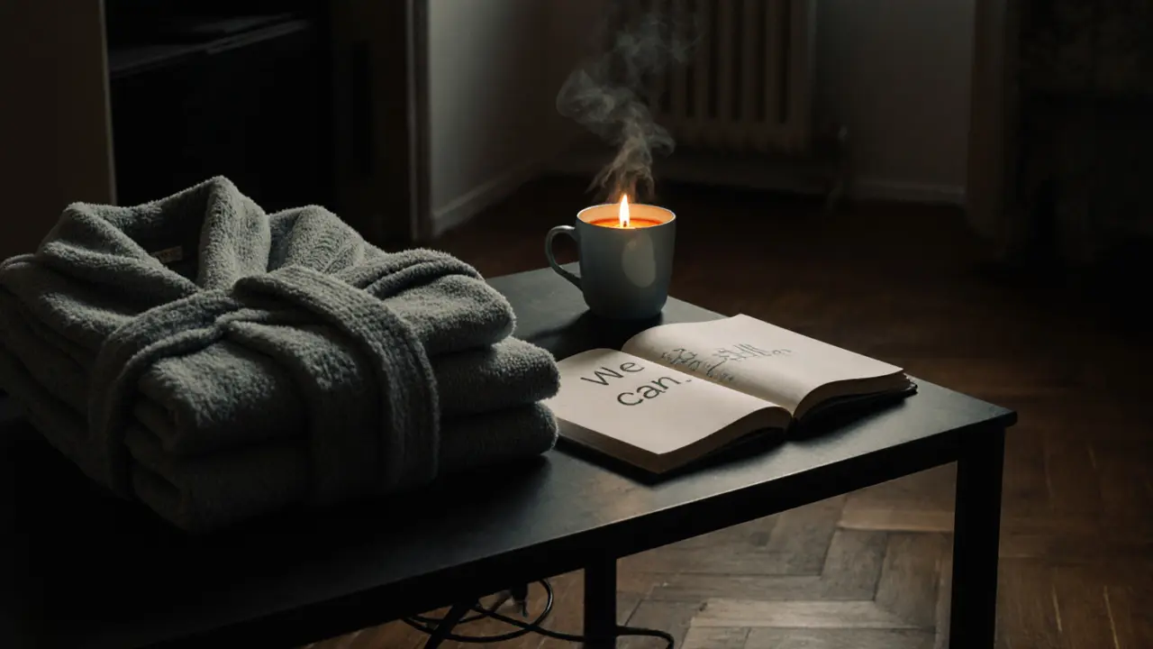 An empty massage room with tea and a journal, conveying quiet emotional renewal after a session.