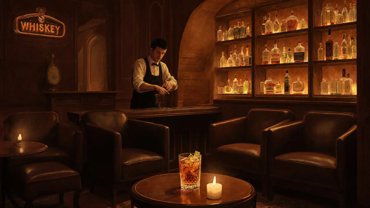 An intimate speakeasy bar with warm lighting, leather chairs, and a bartender preparing a spiced whiskey cocktail.