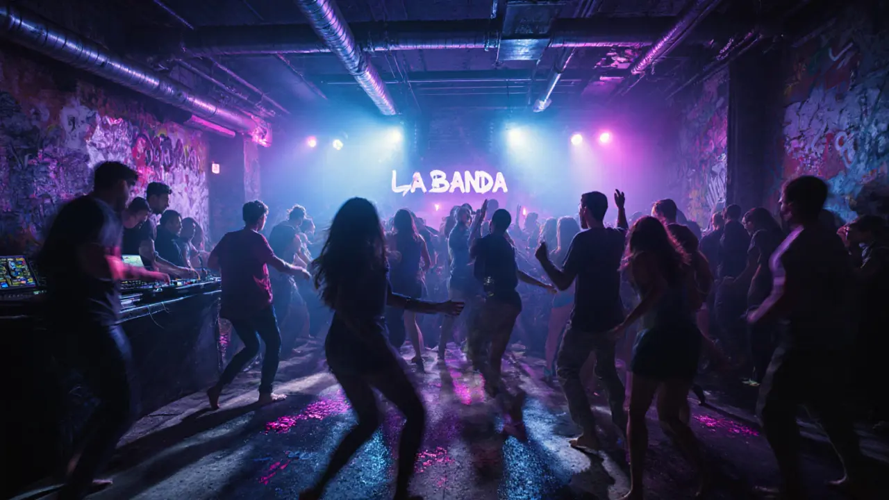 An underground warehouse club in Porta Venezia with a diverse crowd dancing under neon lights.