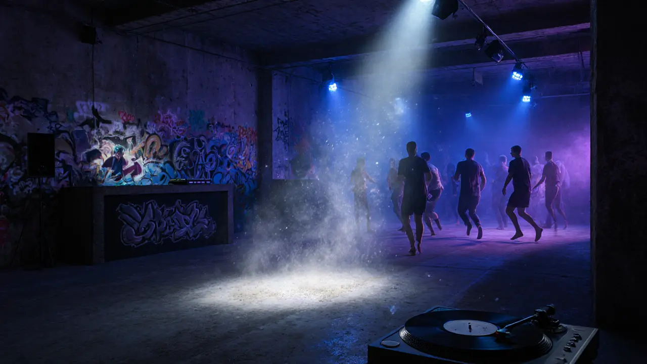 An underground warehouse club with live graffiti, dim LED lights, and dancers under a pulsing DJ booth.