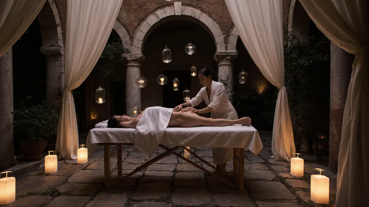 Client receiving a silent massage on a heated stone table with crystal oils, lanterns glowing softly in a hidden courtyard.
