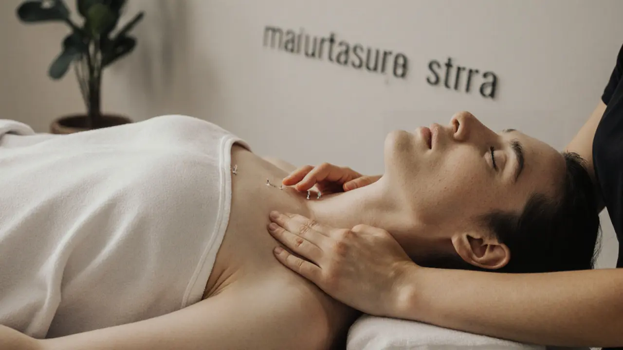 Close-up of hands applying gentle pressure to inner thigh and chest to guide breathing during a tantric session.