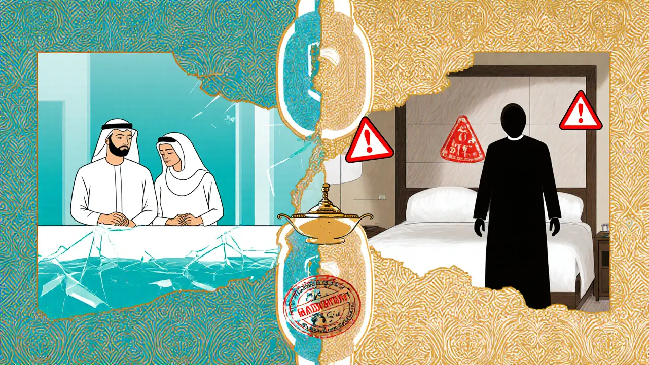 Conceptual art showing lawful spa relaxation on one side and illegal massage consequences on the other, united by a symbolic oil lamp.