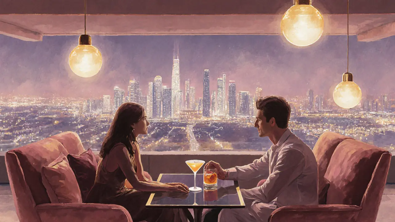 Couples enjoying cocktails on a rooftop bar with glowing city lights in the background.