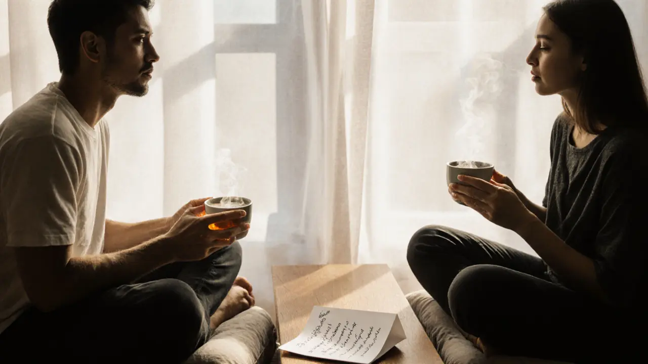 Couples sitting quietly after a massage, holding tea, breathing together in peaceful silence.