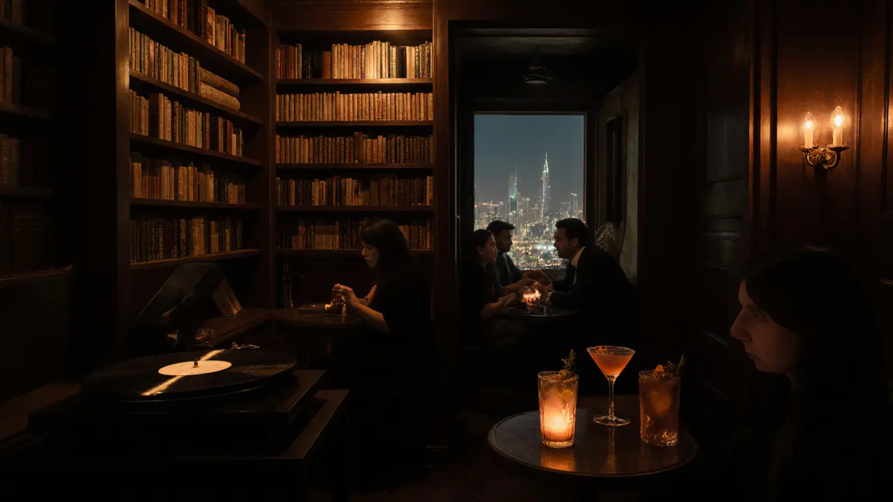 Cozy hidden speakeasy with dim lighting, cocktails, and vintage books behind a bookshelf door.