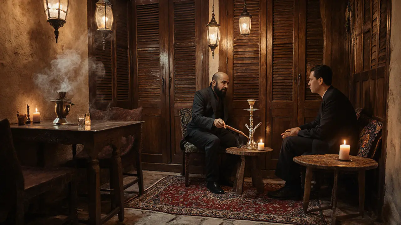 Cozy historic shisha house in Al Fahidi with lanterns, carpets, and quiet guests enjoying traditional hookah.