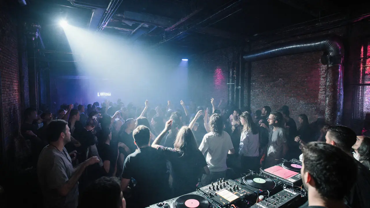 Crowd dancing in a dark, industrial nightclub with pulsing neon lights and sound equipment.
