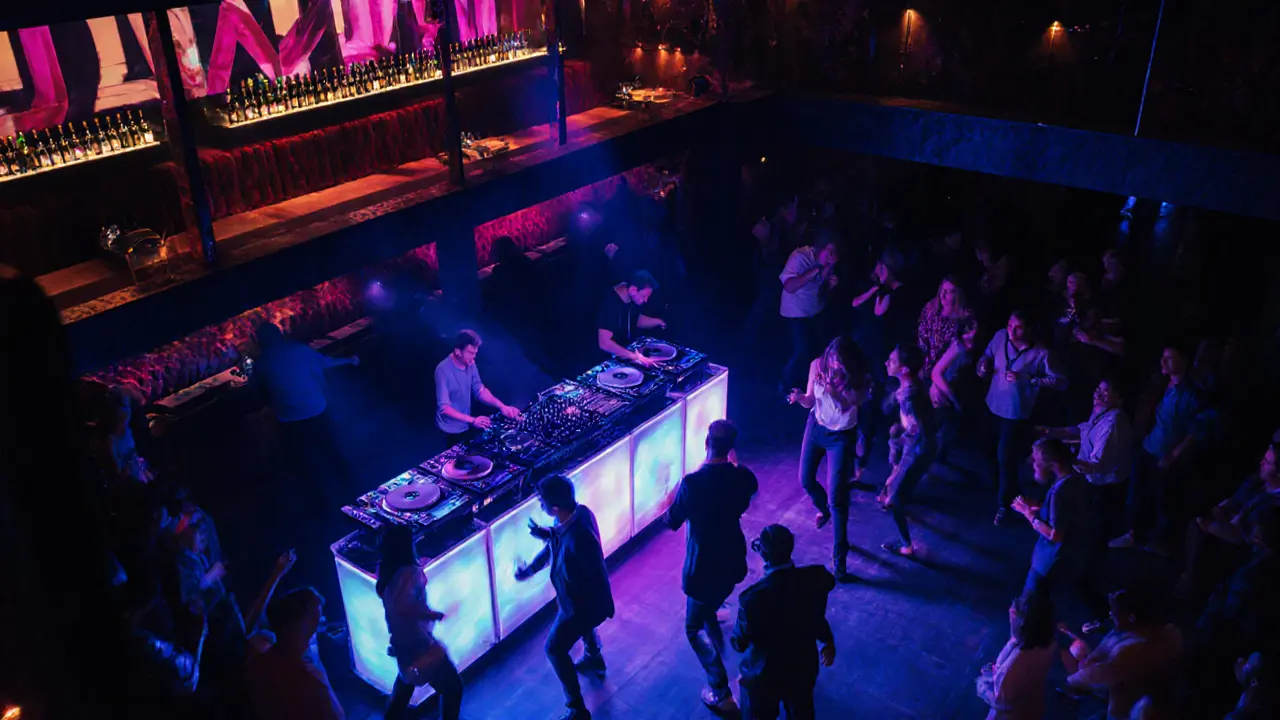 Crowd dancing under neon lights in a vibrant nightclub with DJs and lounge areas.