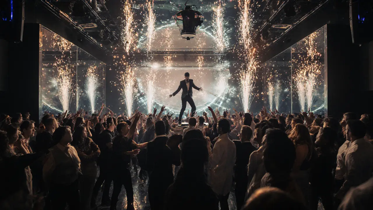 Crowd dancing under strobe lights in White Dubai nightclub with pyrotechnics in the air.
