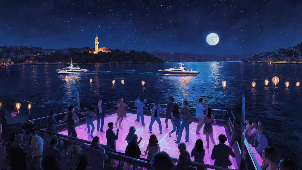 Dancers on Reina's floating deck under stars, Bosphorus and Galata Tower glowing in the background.