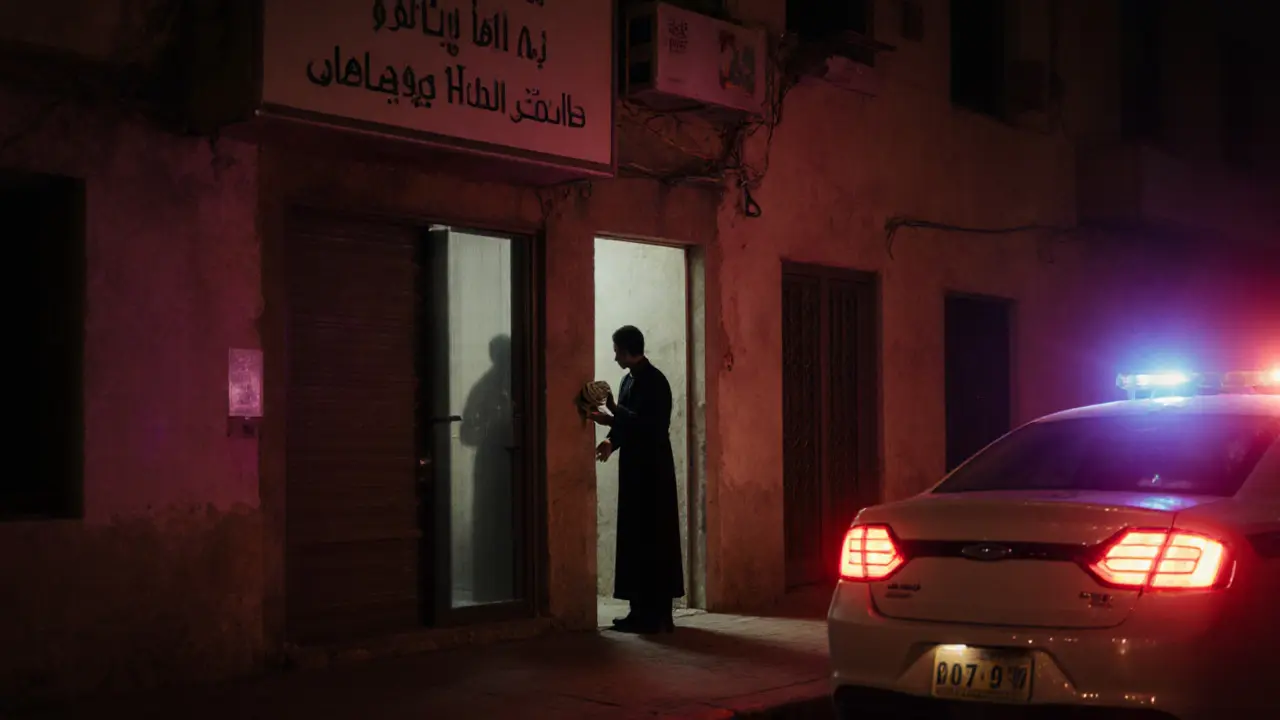 Dark alleyway with unmarked door and police car arriving,暗示 illegal massage parlor being raided.