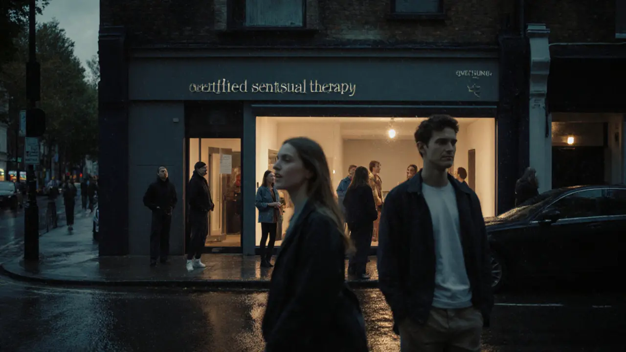 Diverse clients quietly entering a discreet, certified sensual therapy studio in London.