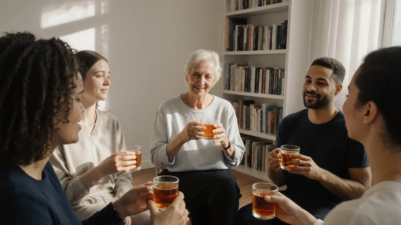 Diverse group of people peacefully sitting together in a minimalist wellness studio.