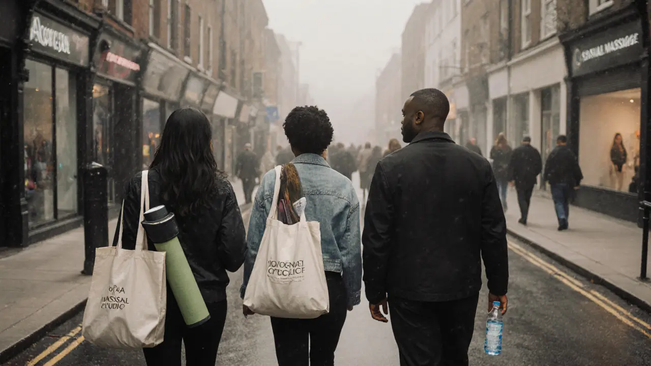 Diverse individuals walking peacefully through Camden, symbolizing personal journeys toward mindful touch and self-reconnection.