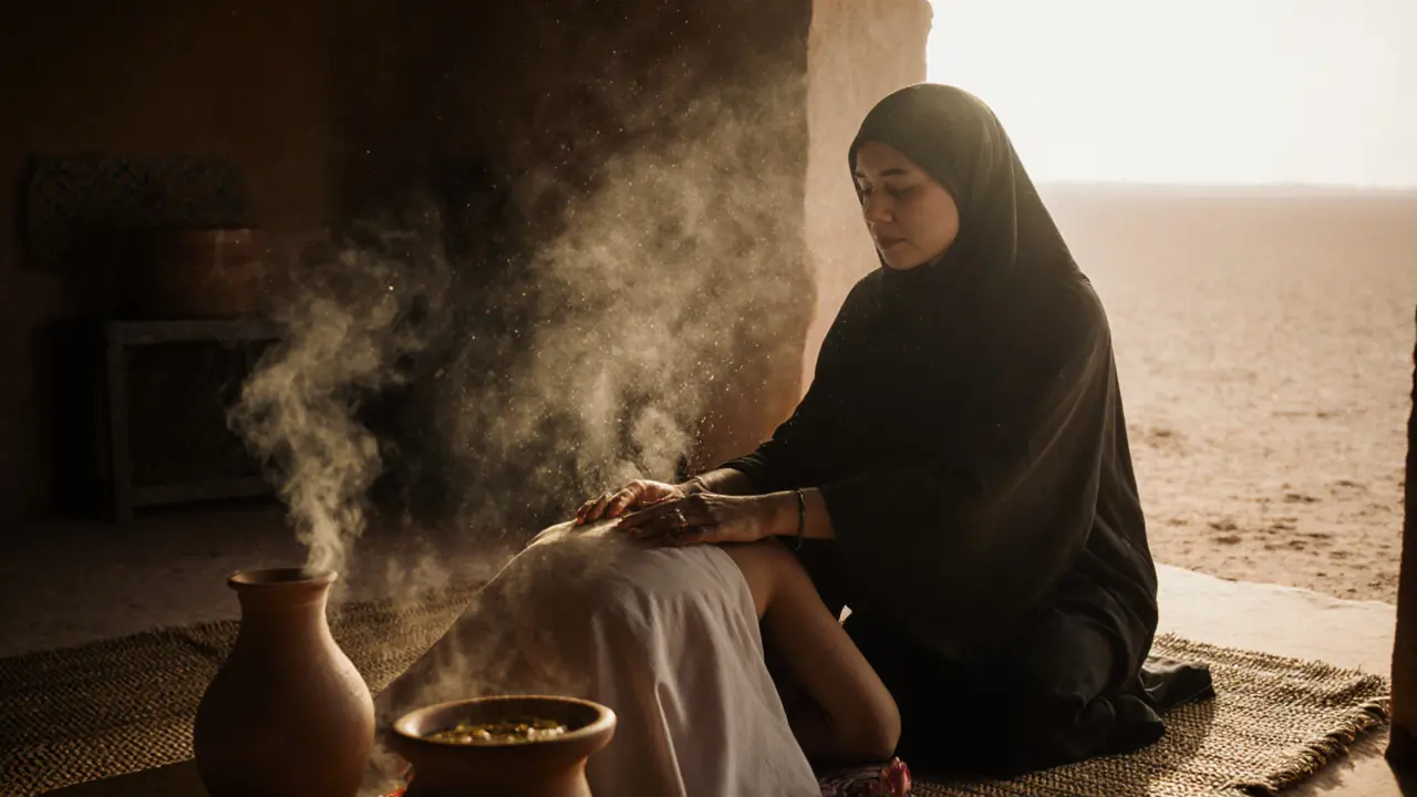 Emirati women practicing a traditional desert healing massage with olive oil and rosewater, surrounded by cultural artifacts in a quiet home setting.