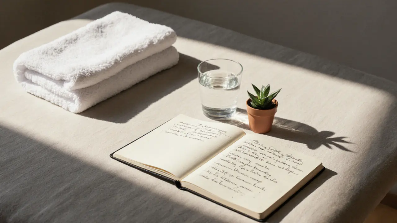 Empty massage room after session, with towel, water, and journal in morning light, conveying peace.