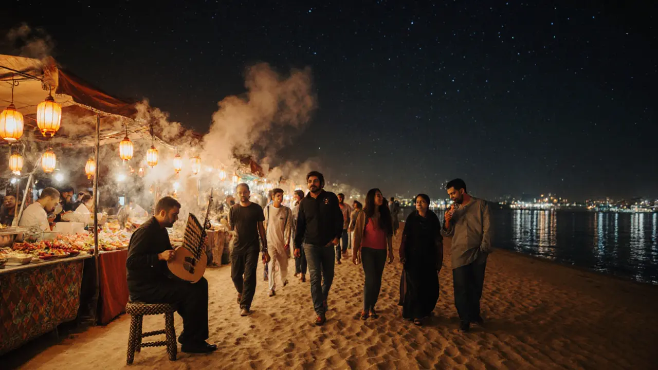 Families strolling through a lit night market with food stalls and live oud music.