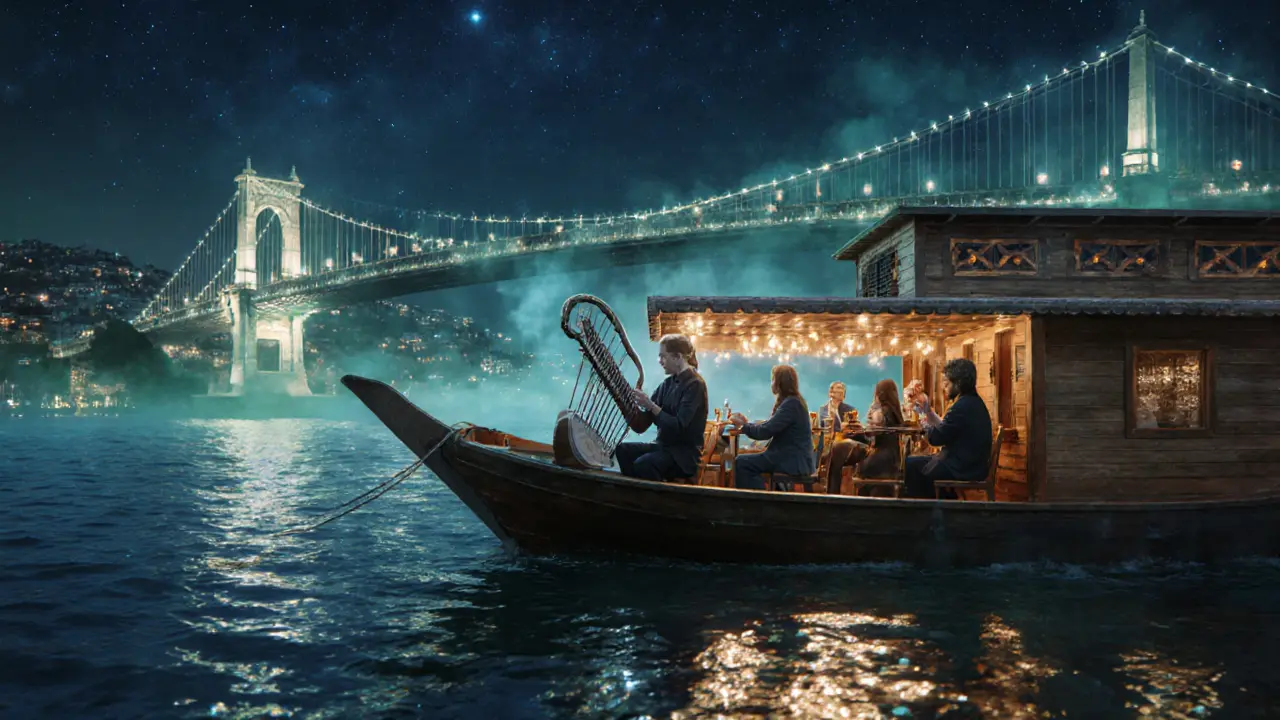 Floating bar on the Bosphorus under the lit Galata Bridge, reflections on dark water at midnight.