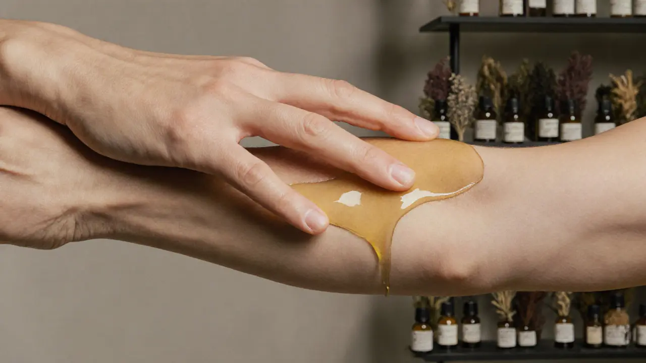 Hands gently touching forearm with oil, symbolizing reconnection through non-sexual intimacy.