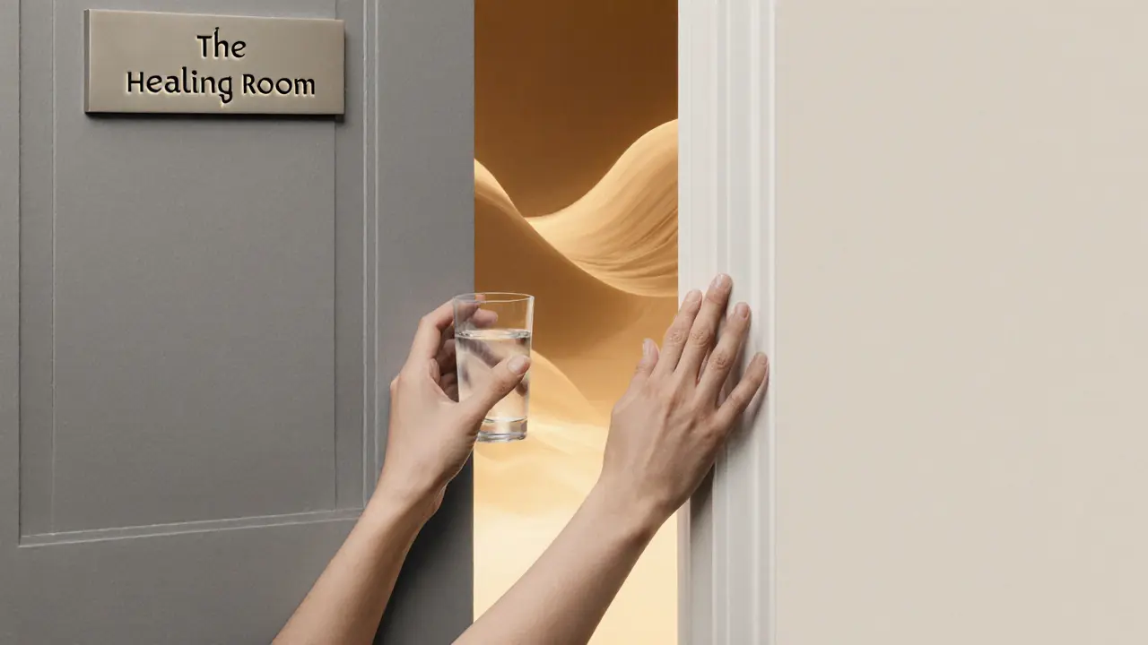 Hands holding a glass of water and resting on a door labeled 'The Healing Room,' symbolizing emotional release and safety.