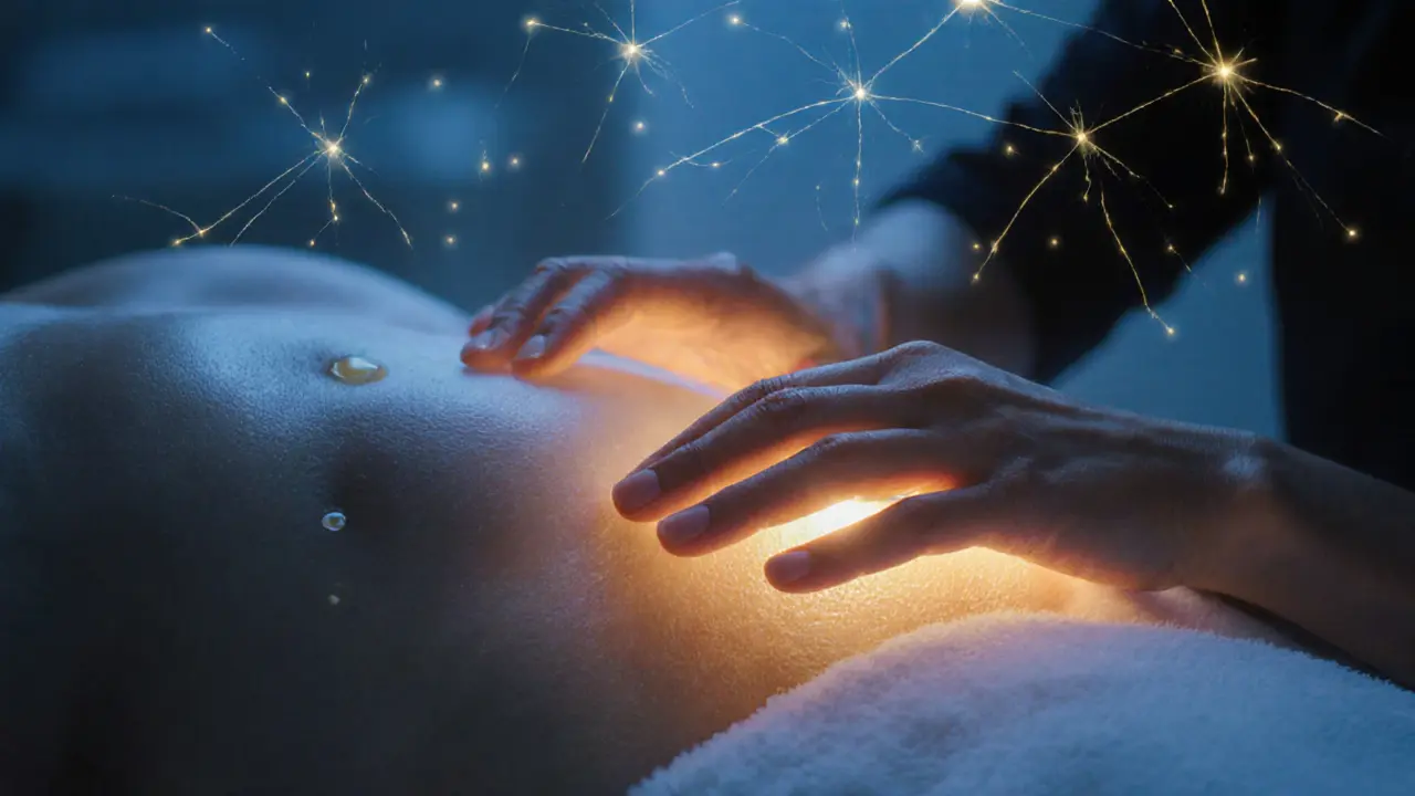 Hands resting on abdomen with soft oil glow and faint neural pathways in the air.