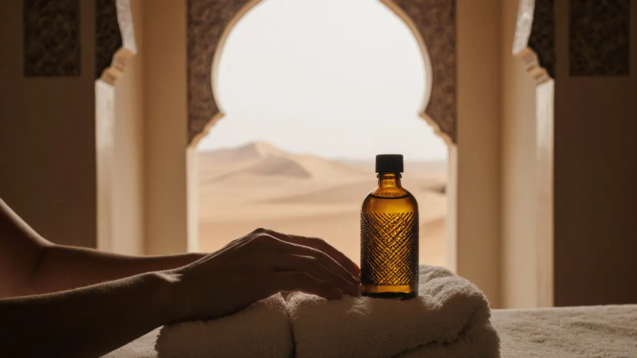 Hands resting on massage oil and towel in a private spa setting with Arabic arches.