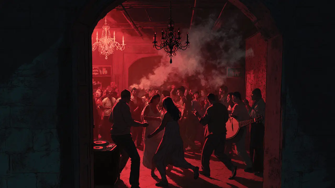 Hidden basement club with red light entrance, crowd dancing to Turkish folk-house fusion under vintage chandeliers.