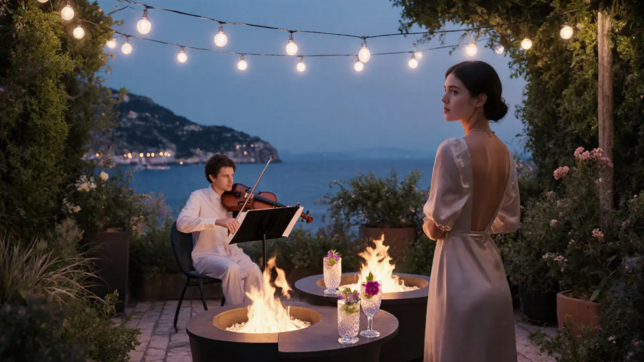 Hidden garden terrace with fire pits, live music, and cocktails with edible flowers under moonlight.