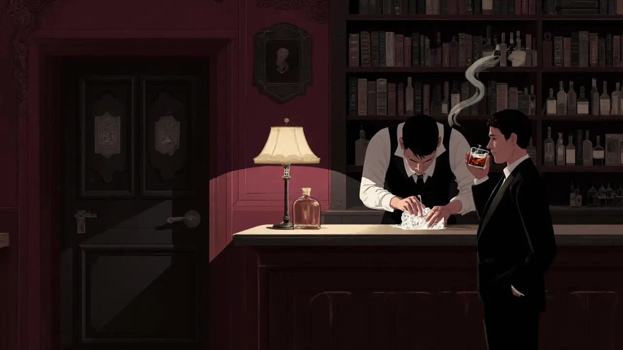 Hidden speakeasy bar with a bartender crafting a cocktail by lamplight in a bookshelf room.