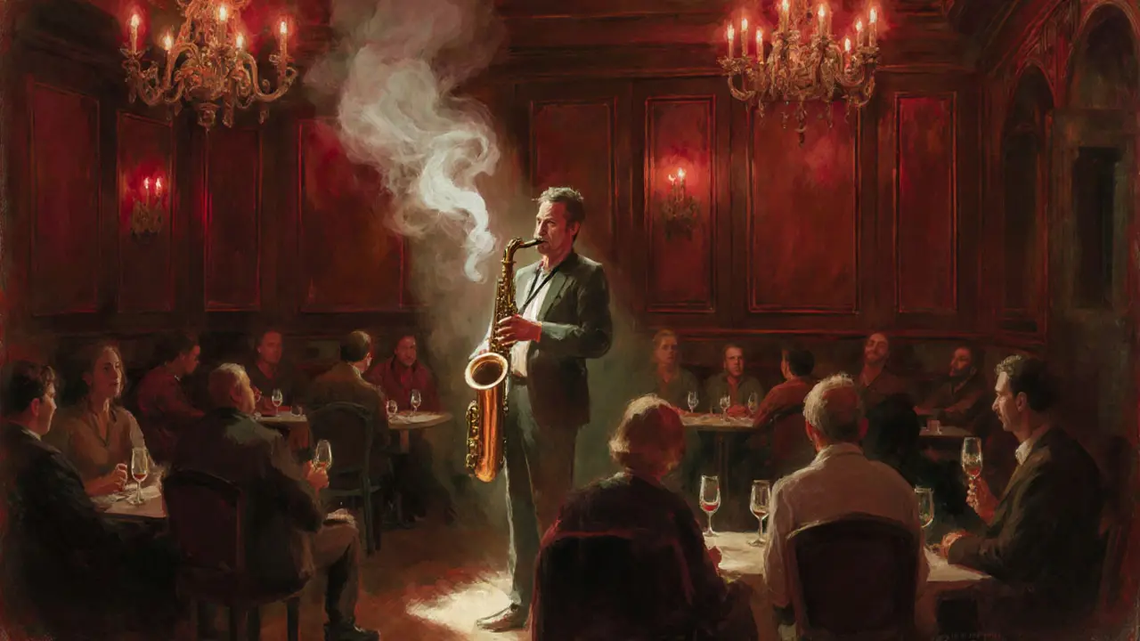 Intimate jazz club interior with a saxophonist illuminated in red light, patrons listening quietly.