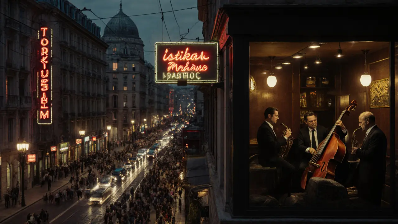 Neon-lit İstiklal Avenue at night with rooftop bar lights reflecting over the Golden Horn and a jazz club in the background.