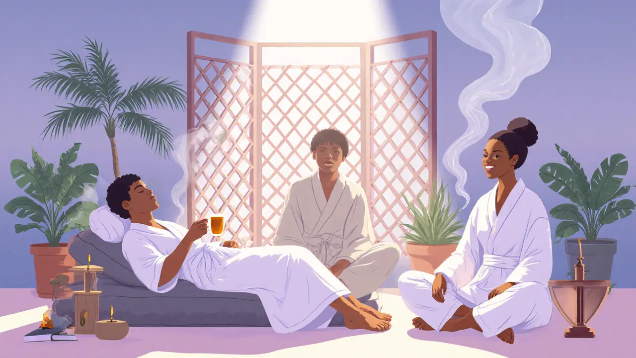 People relaxing after a massage, sipping tea and breathing deeply in a calm spa environment.