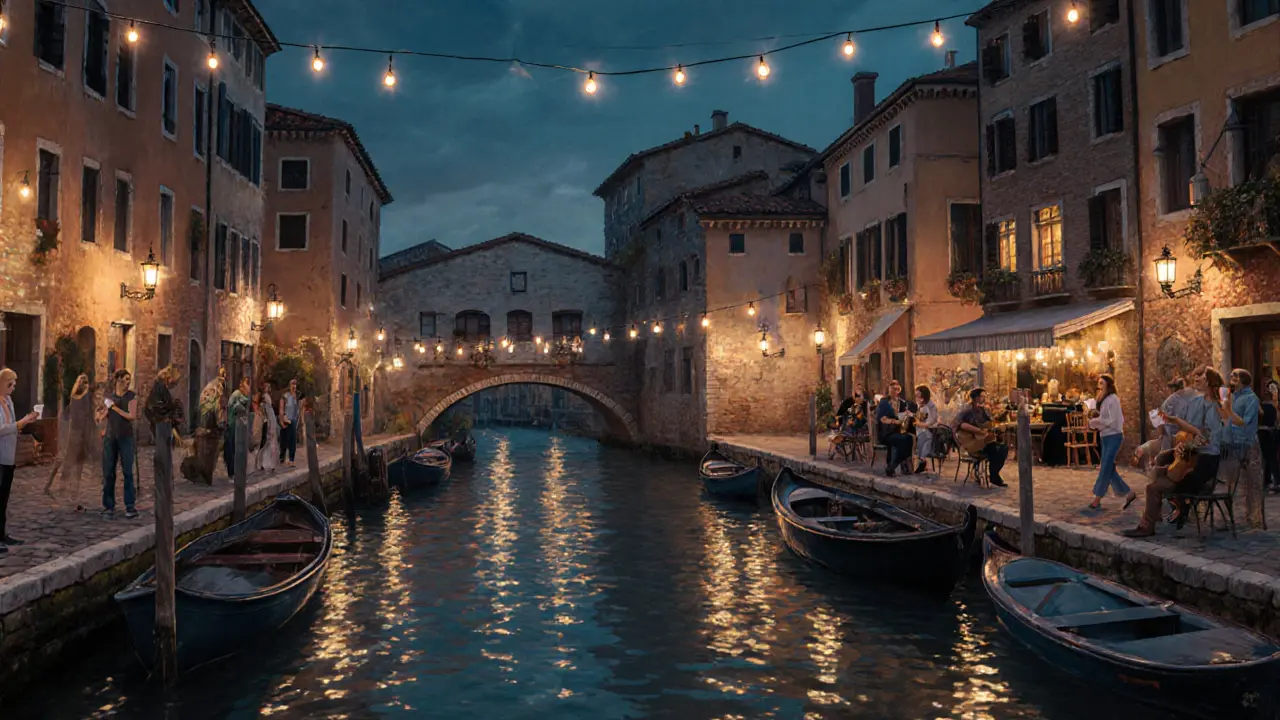 People relaxing by illuminated canals in Navigli with street musicians and lantern lights.