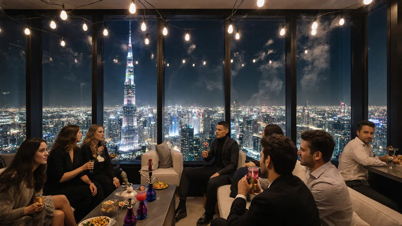 Rooftop shisha lounge in Dubai with Burj Khalifa skyline visible through floor-to-ceiling windows at night.