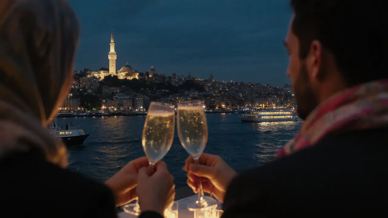 Rooftop terrace at midnight with city lights and ferries on the Bosphorus, two people toasting with sparkling wine.