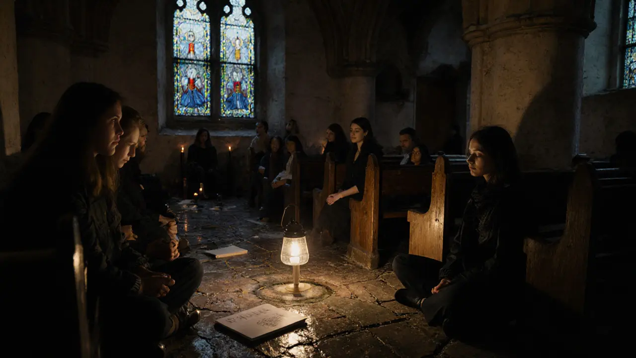 Silent attendees in a disused church listening to sound art from the Thames at midnight.