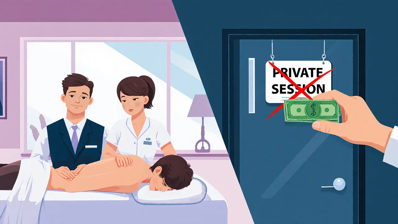 Split image: legal couples massage in open spa room vs. illegal private session with red prohibition symbol.