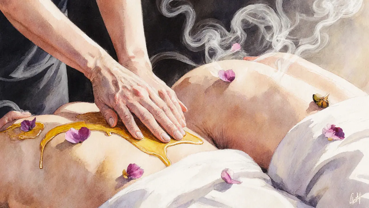 Therapist's hands guide a couple's hands in synchronized motion during a sensual, non-sexual massage.