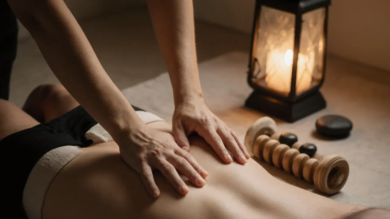 Therapist applying acupressure with wooden rollers on a clothed client in a quiet, serene room.