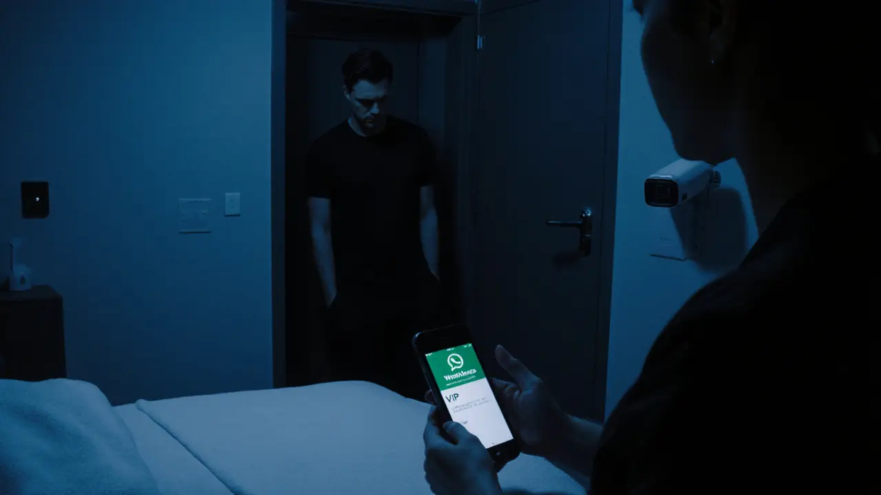 Tourist in a dim apartment as a door locks, CCTV camera watching, suggestive WhatsApp message visible.