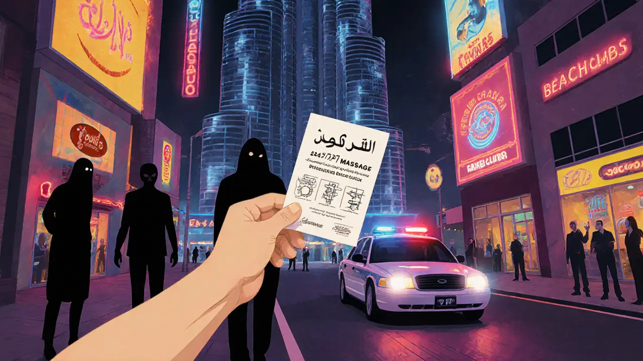 Tourist receiving a flyer for illegal massage near Burj Khalifa, with police lights approaching and legitimate nightlife venues glowing in the background.